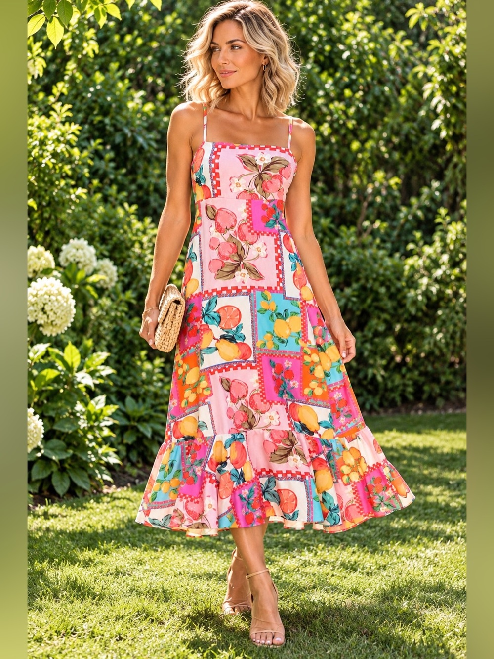 Paper Heart Fruit Patchwork Print Open Back Midi Dress Pink Small